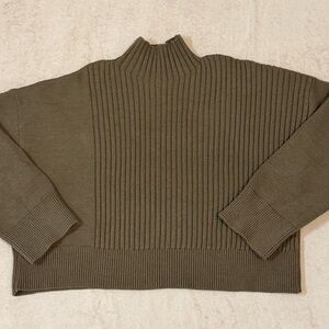Elodie - Olive Green Ribbed Mock Neck Sweater - Medium - Cabincore Winter Chic